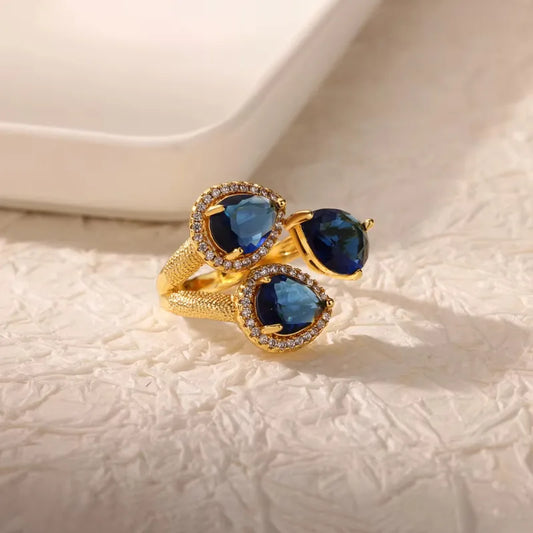 Triple Blue Crystal Gold Ring – Luxury Women’s Statement Jewelry, Adjustable