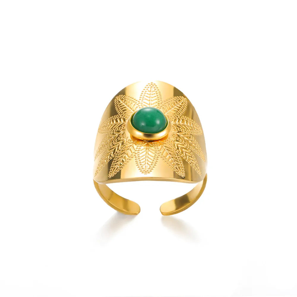 Gold Green Stone Statement Ring –