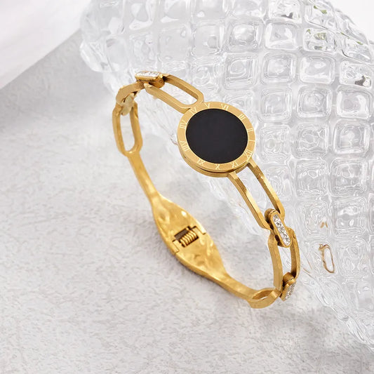 Fashionable Round Design Bracelet 304 Stainless Steel Vacuum Plated With Rhinestones And Fake Pearls Openable For Women